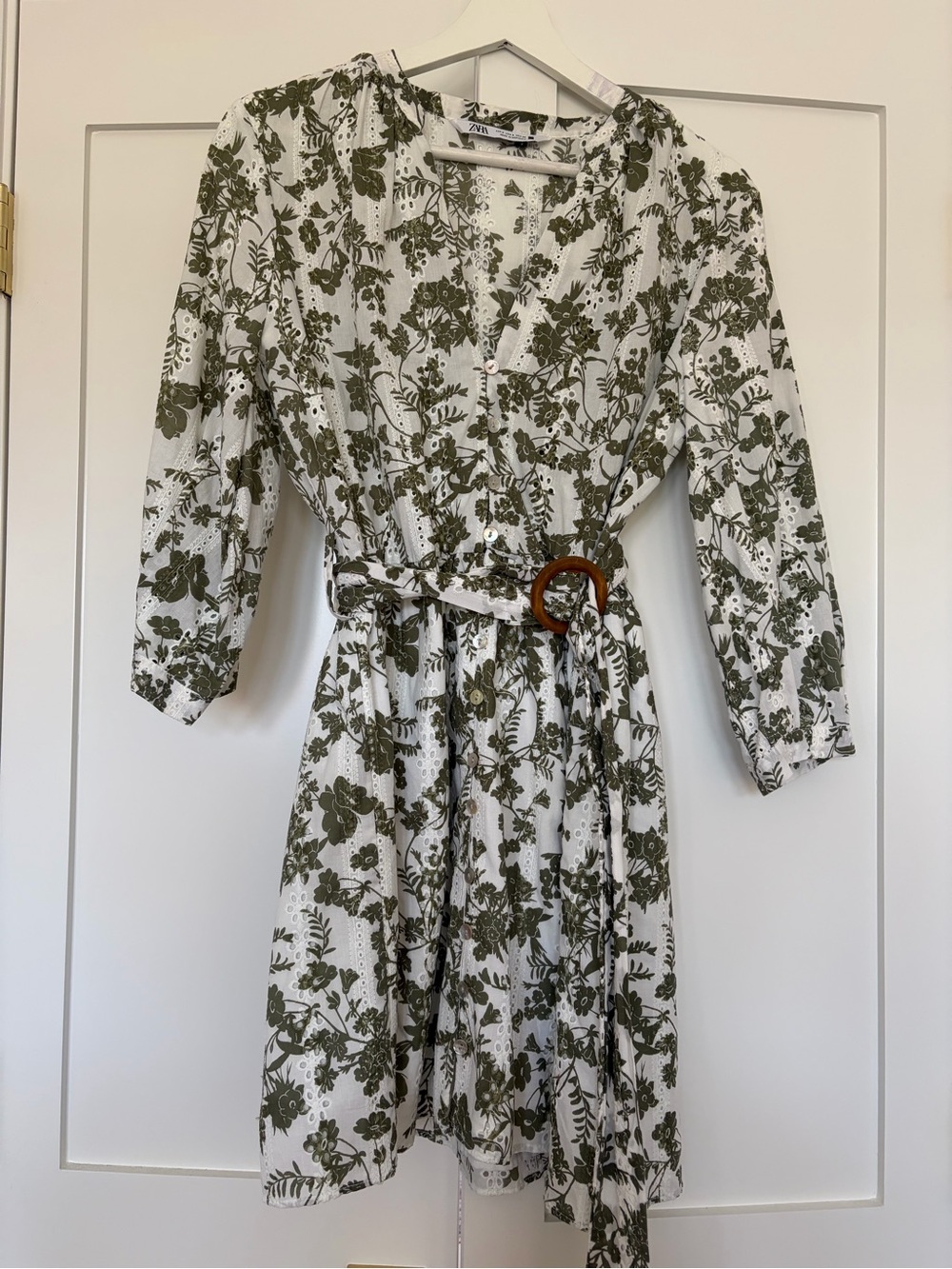 Zara Olive Green and White Floral Belted eyelet women’s  Dress